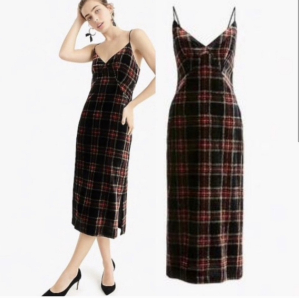 J. Crew Spaghetti Strap Midi Dress in Velvet Red Tartan Plaid